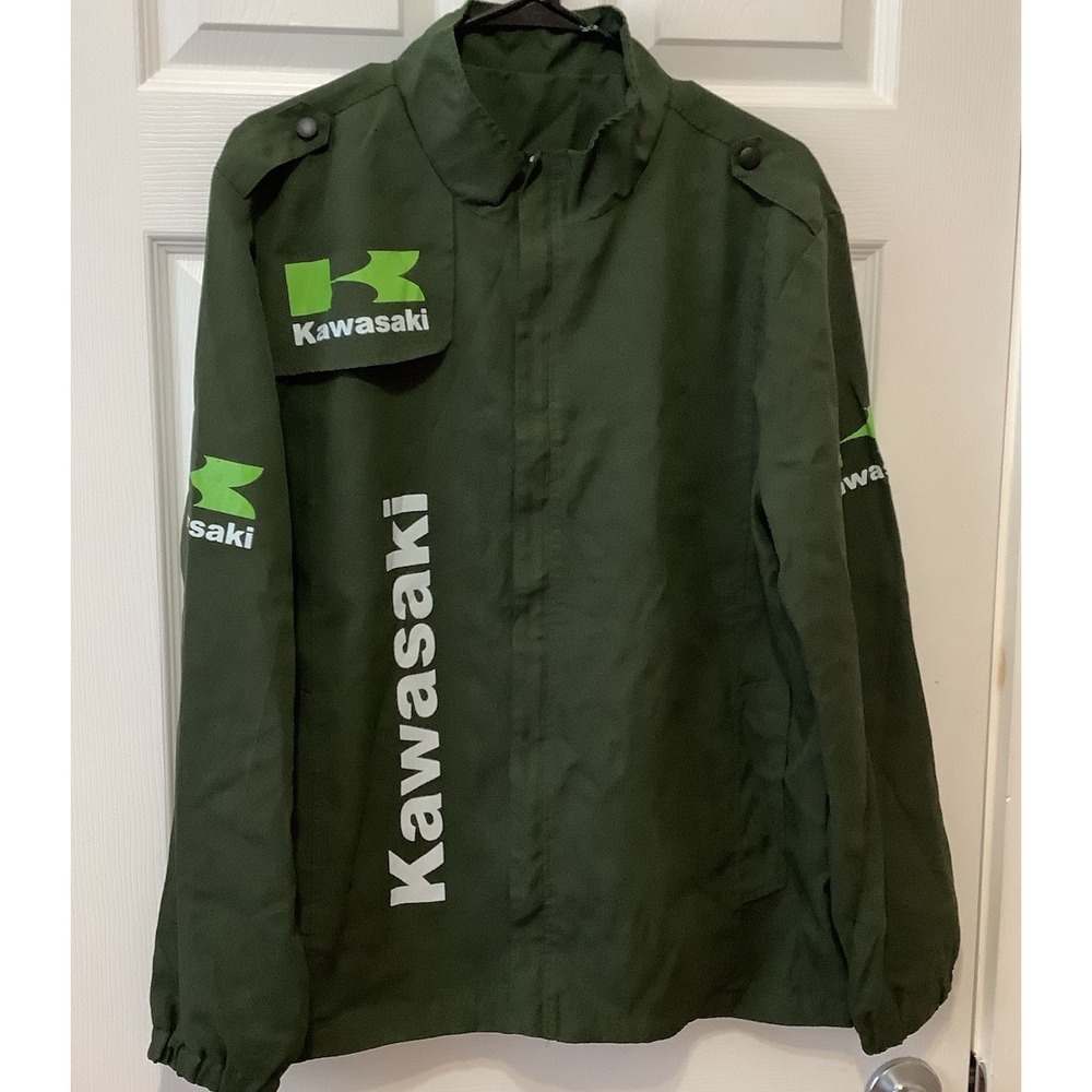 Kawasaki Logo Jacket Mens Estimated Large Olive Green Zip Front Purple Lining